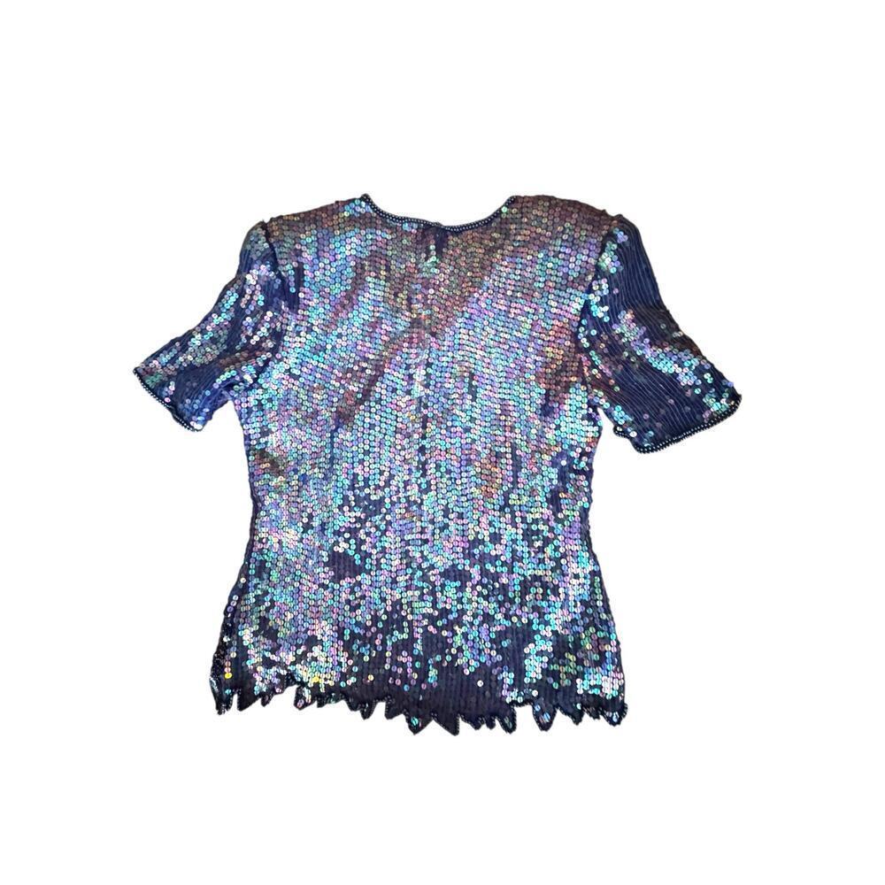 VTG Stenay Sequin‎ Beaded Floral Top Women’s Size Small Blue Black Short Sleeve - Picture 2 of 4